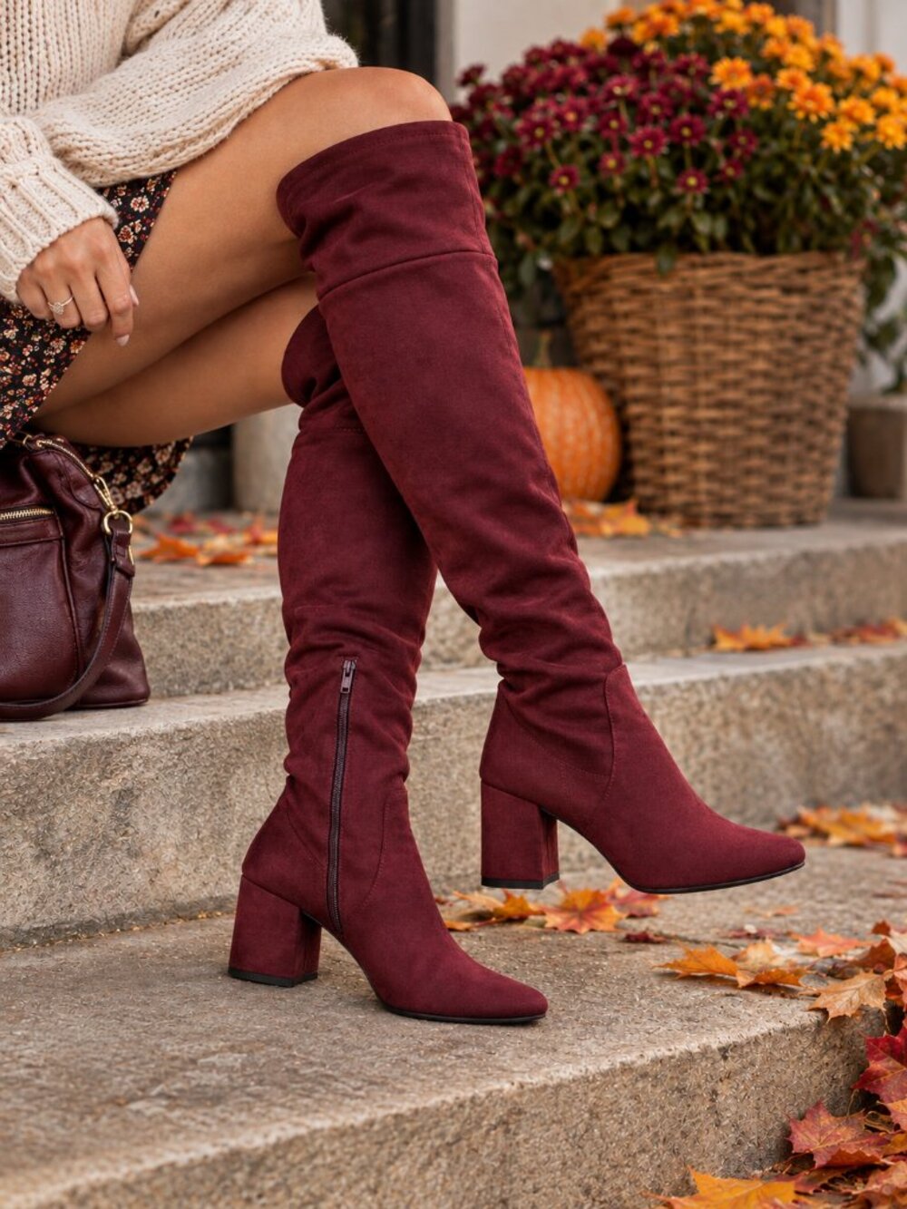 Aldo Burgundy Wine Over The Knee Boots Faux Suede Block Heel Fall Autumn